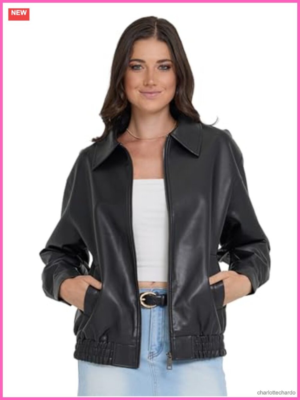 Faux Leather Bomber Motorcycle Jacket Womens Zip Up Moto